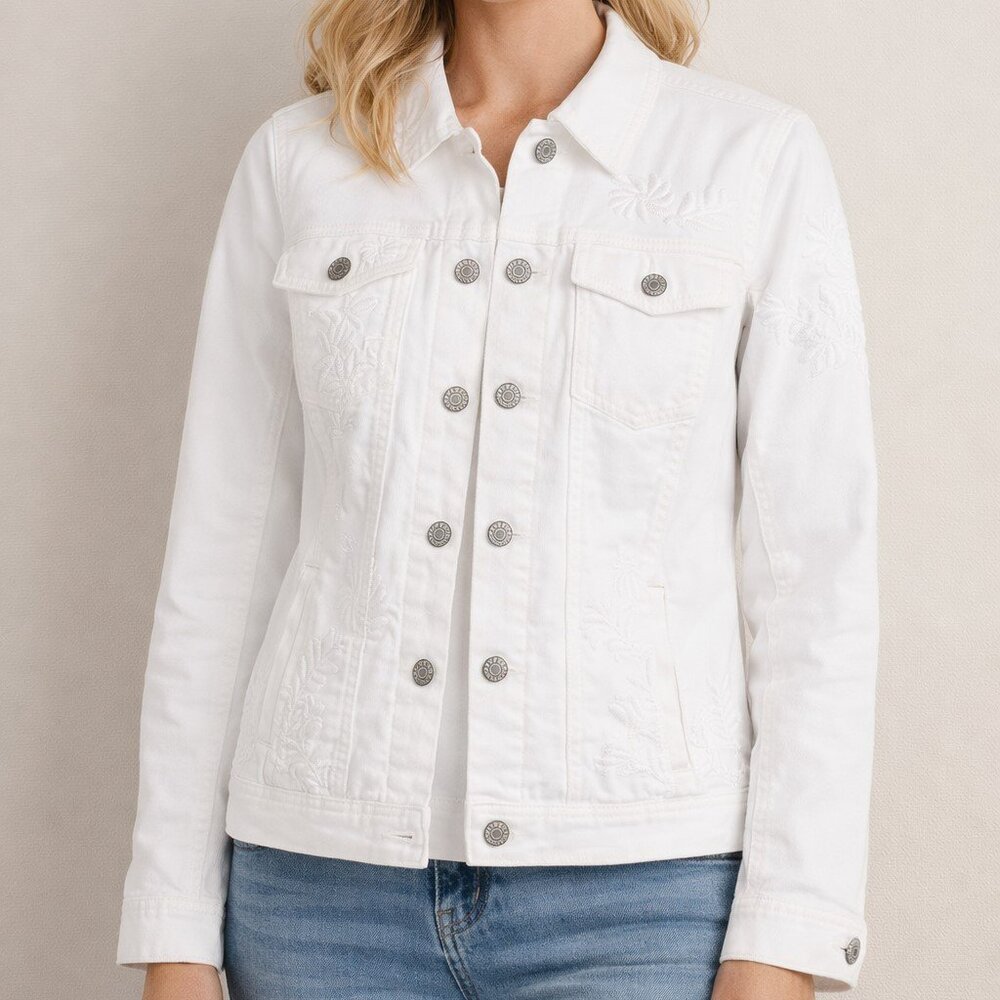 Talbots White Floral Embroidered Stretch Denim Jean Jacket Button Front PXS
